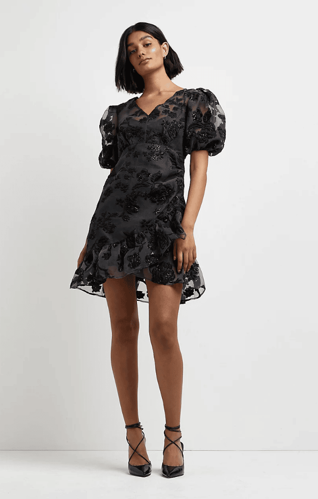 Black Floral Jaquard Puff Sleeve Wrap Dress