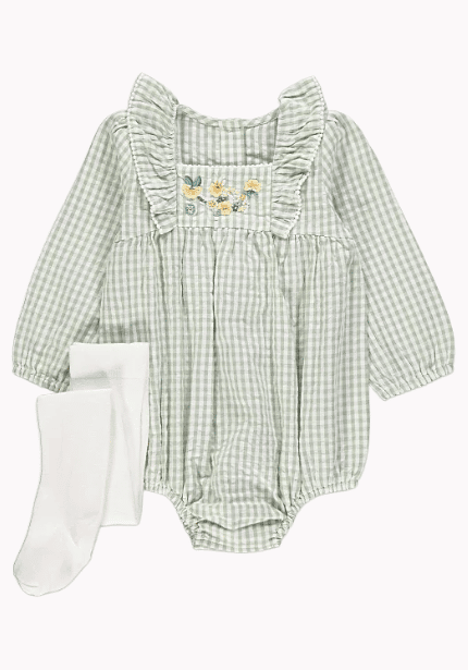 Gingham Embroidered Romper and Tights