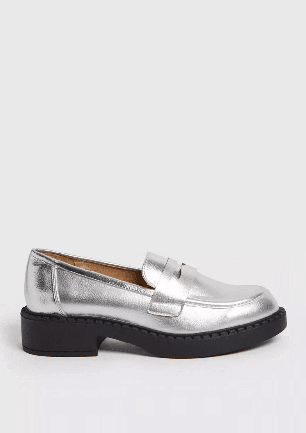 Metallic Silver Faux Leather Loafers