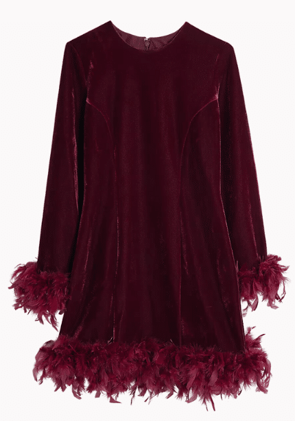 Red Velvet Feather Hem Dress