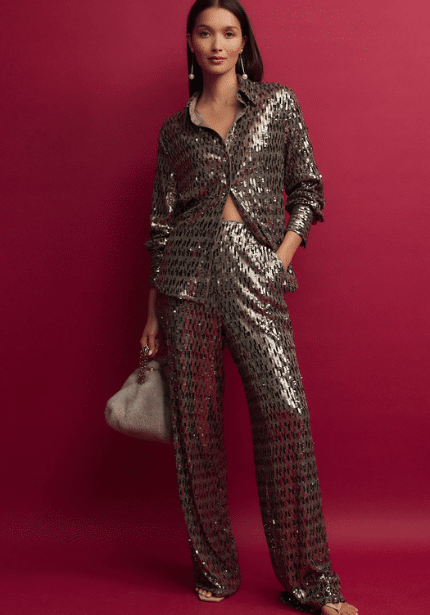 Gold Wide Leg Sequin Trousers